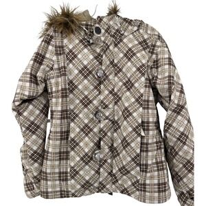 Betty Rides Brown Plaid Snowboard Jacket‎ Faux Fur Hood Womens Medium M